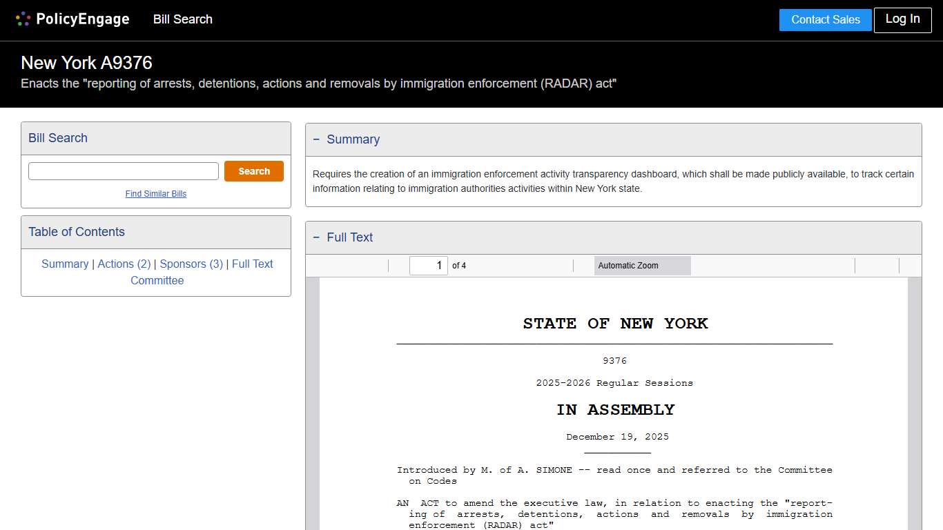 A9376 New York 2025-2026 Enacts the "reporting of arrests, detentions, actions and removals by immigration enforcement (RADAR) act" - Legislative Tracking PolicyEngage